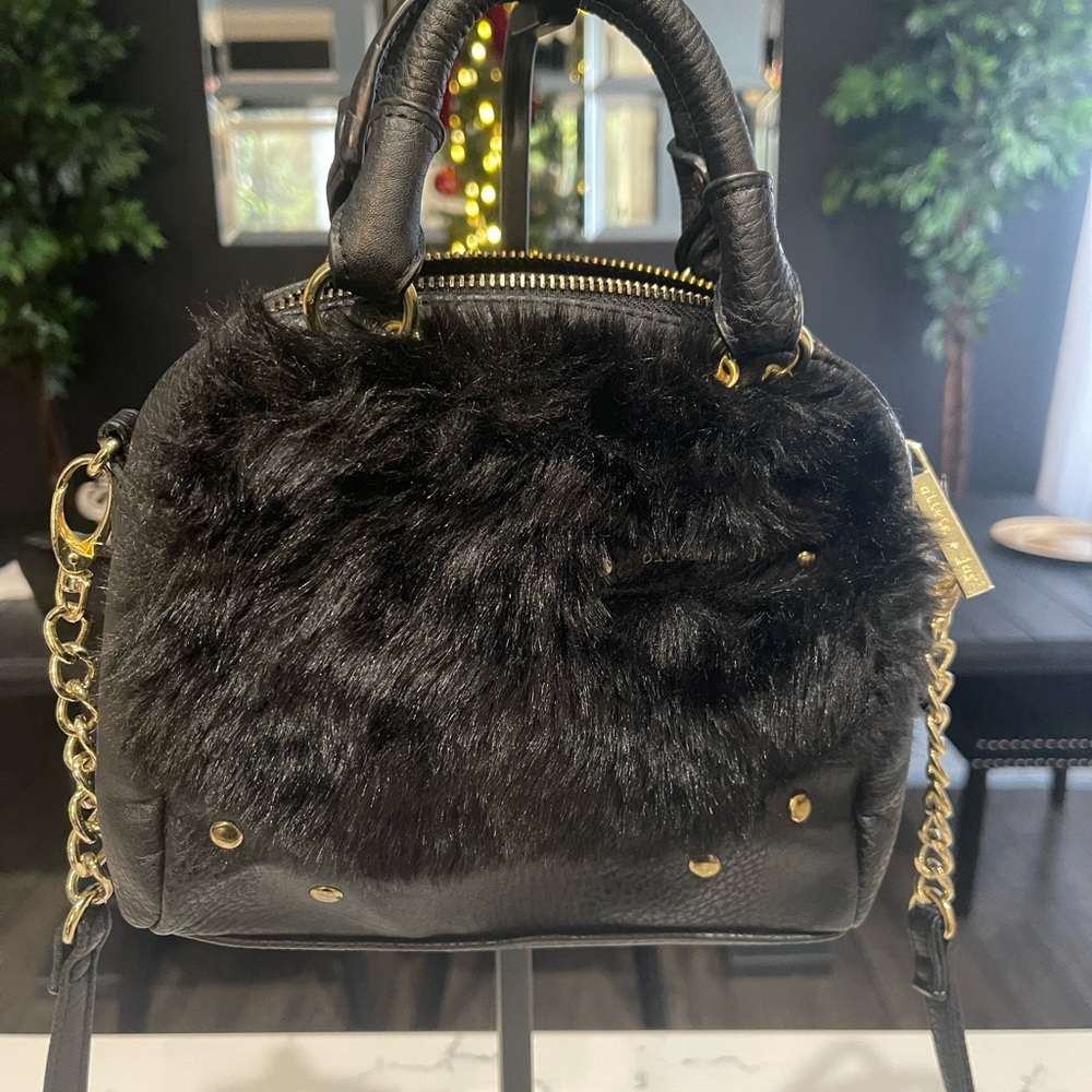 Olivia + Joy Black Faux Fur Satchel with Gold Chain